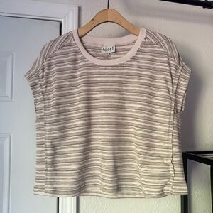 THE GREII cream tan striped cotton short sleeve boxy cropped knit tee top‎